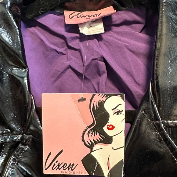 MISS KITTY CROPPED MOTORCYCLE JACKET BLACK VINYL VIXEN BY MICHELINE PITT LARGE - Picture 3 of 4